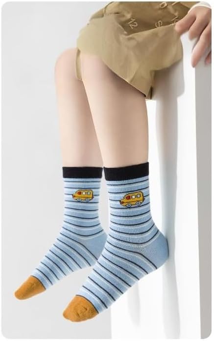 Padgene 10 Pairs Kids Boys Fun Novelty Socks Toddler None Slip Cotton Crew Dress Socks Cartoon Dinosaur Car Shark Stripes