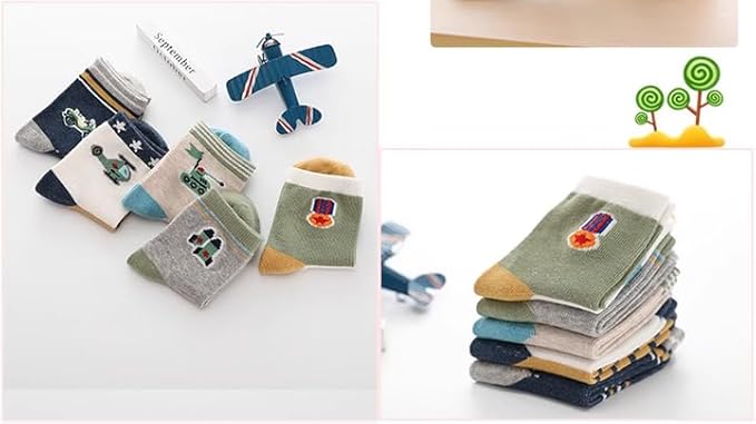 Padgene 10 Pairs Kids Boys Fun Novelty Socks Toddler None Slip Cotton Crew Dress Socks Cartoon Dinosaur Car Shark Stripes