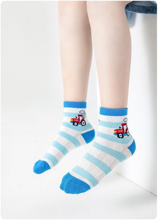 Padgene 10 Pairs Kids Boys Fun Novelty Socks Toddler None Slip Cotton Crew Dress Socks Cartoon Dinosaur Car Shark Stripes