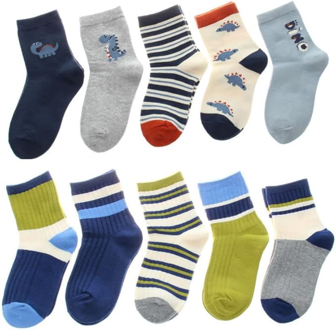 Padgene 10 Pairs Kids Boys Fun Novelty Socks Toddler None Slip Cotton Crew Dress Socks Cartoon Dinosaur Car Shark Stripes