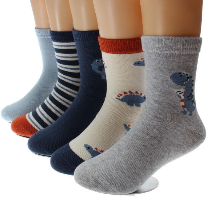 Padgene 10 Pairs Kids Boys Fun Novelty Socks Toddler None Slip Cotton Crew Dress Socks Cartoon Dinosaur Car Shark Stripes