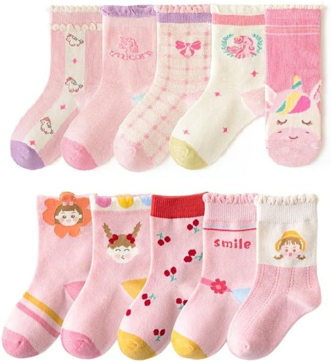 Padgene 10 Pairs Kids Boys Fun Novelty Socks Toddler None Slip Cotton Crew Dress Socks Cartoon Dinosaur Car Shark Stripes