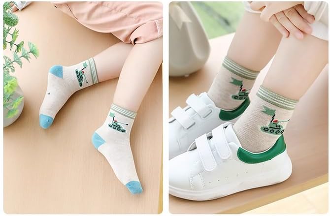 Padgene 10 Pairs Kids Boys Fun Novelty Socks Toddler None Slip Cotton Crew Dress Socks Cartoon Dinosaur Car Shark Stripes