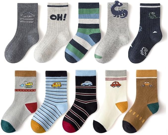 Padgene 10 Pairs Kids Boys Fun Novelty Socks Toddler None Slip Cotton Crew Dress Socks Cartoon Dinosaur Car Shark Stripes