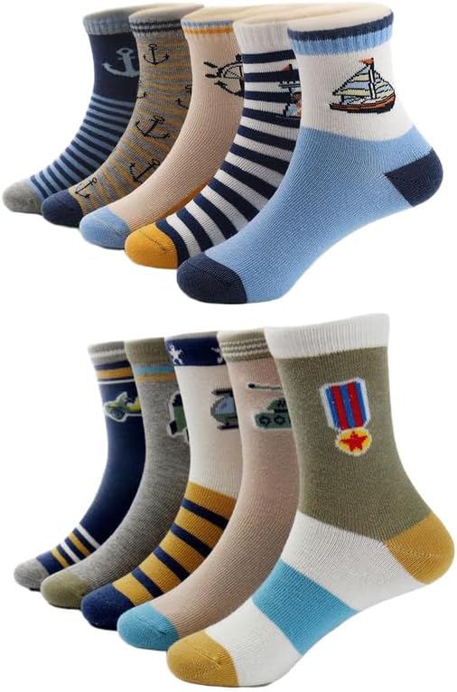Padgene 10 Pairs Kids Boys Fun Novelty Socks Toddler None Slip Cotton Crew Dress Socks Cartoon Dinosaur Car Shark Stripes