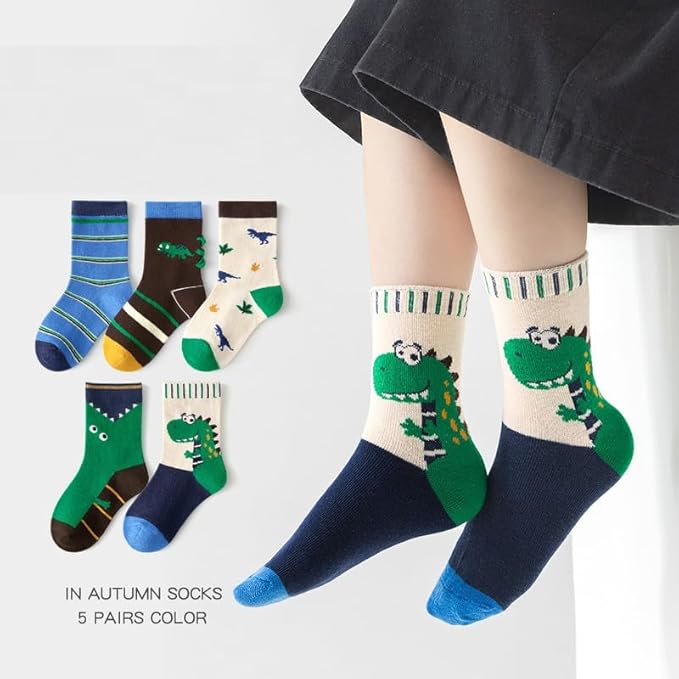 Padgene 10 Pairs Kids Boys Fun Novelty Socks Toddler None Slip Cotton Crew Dress Socks Cartoon Dinosaur Car Shark Stripes