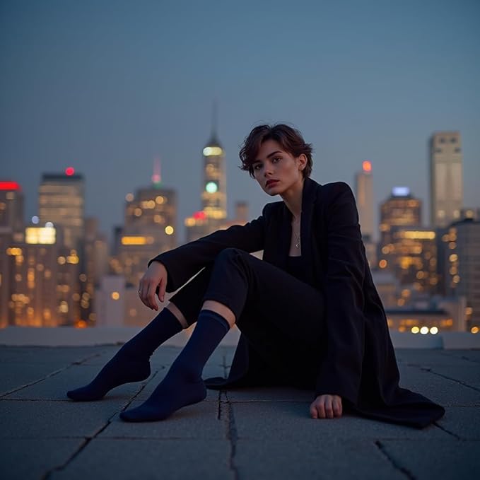 7BigStars Women's Cotton Dress Socks - 4 Pack L/M - Solid Assorted Crew Calf Black Brown Blue Grey Beige Khaki Olive Green