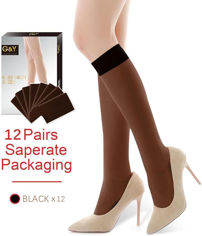 G&Y 12 Pairs Women's Sheer Knee High - 15D Nylon Stockings with Reinforced Toe