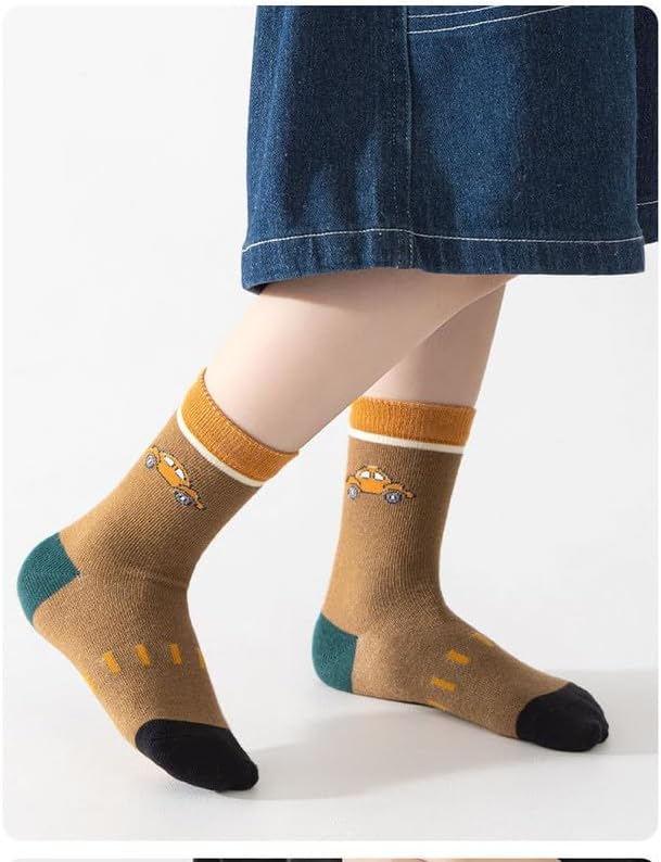 Padgene 10 Pairs Kids Boys Fun Novelty Socks Toddler None Slip Cotton Crew Dress Socks Cartoon Dinosaur Car Shark Stripes