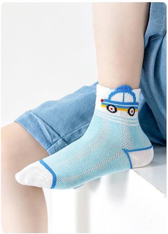 Padgene 10 Pairs Kids Boys Fun Novelty Socks Toddler None Slip Cotton Crew Dress Socks Cartoon Dinosaur Car Shark Stripes