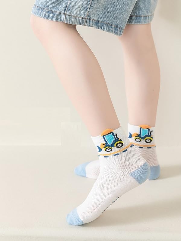 Padgene 10 Pairs Kids Boys Fun Novelty Socks Toddler None Slip Cotton Crew Dress Socks Cartoon Dinosaur Car Shark Stripes