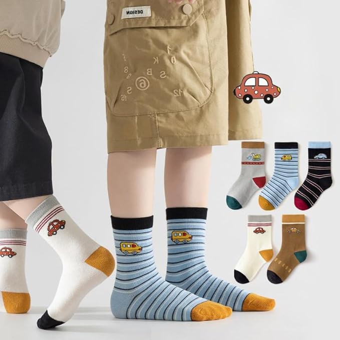 Padgene 10 Pairs Kids Boys Fun Novelty Socks Toddler None Slip Cotton Crew Dress Socks Cartoon Dinosaur Car Shark Stripes