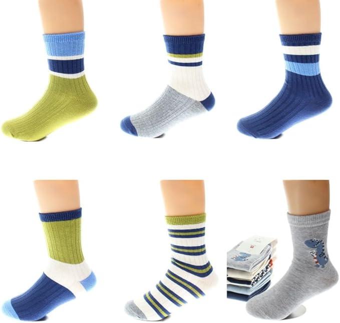 Padgene 10 Pairs Kids Boys Fun Novelty Socks Toddler None Slip Cotton Crew Dress Socks Cartoon Dinosaur Car Shark Stripes