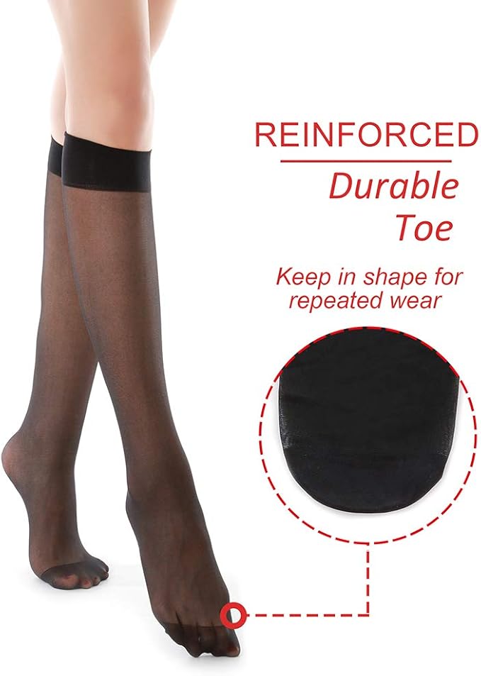G&Y 6 Pairs Knee High Pantyhose with Reinforced Toe - 20D Nylon Stockings for Women