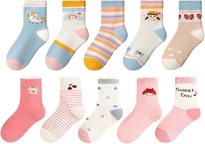 Padgene 10 Pairs Kids Boys Fun Novelty Socks Toddler None Slip Cotton Crew Dress Socks Cartoon Dinosaur Car Shark Stripes