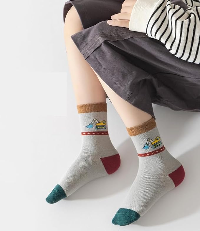 Padgene 10 Pairs Kids Boys Fun Novelty Socks Toddler None Slip Cotton Crew Dress Socks Cartoon Dinosaur Car Shark Stripes