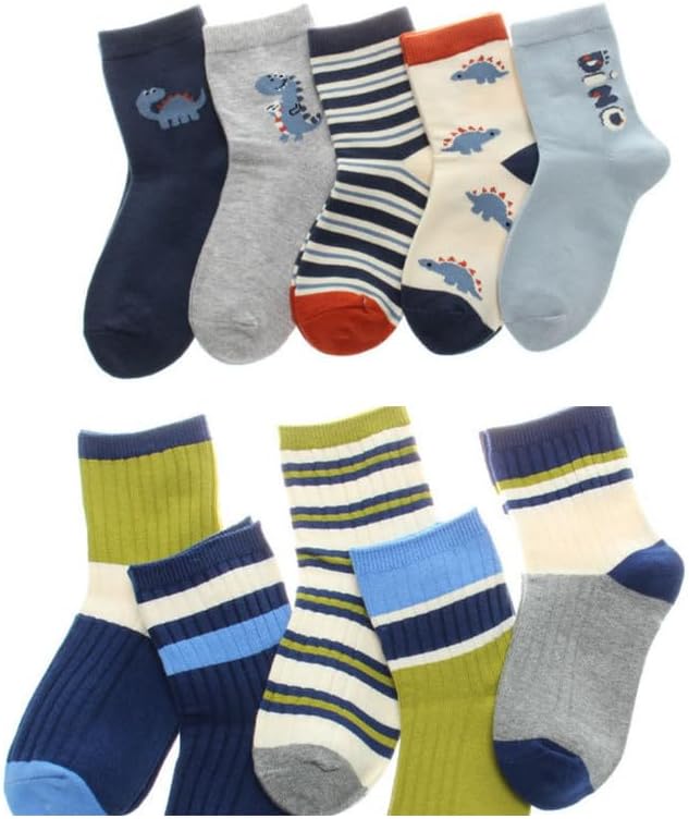 Padgene 10 Pairs Kids Boys Fun Novelty Socks Toddler None Slip Cotton Crew Dress Socks Cartoon Dinosaur Car Shark Stripes