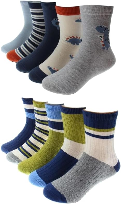 Padgene 10 Pairs Kids Boys Fun Novelty Socks Toddler None Slip Cotton Crew Dress Socks Cartoon Dinosaur Car Shark Stripes
