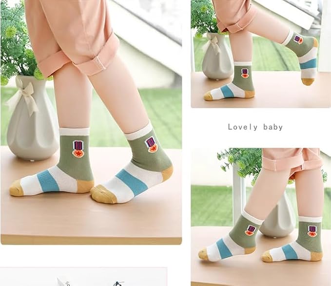 Padgene 10 Pairs Kids Boys Fun Novelty Socks Toddler None Slip Cotton Crew Dress Socks Cartoon Dinosaur Car Shark Stripes