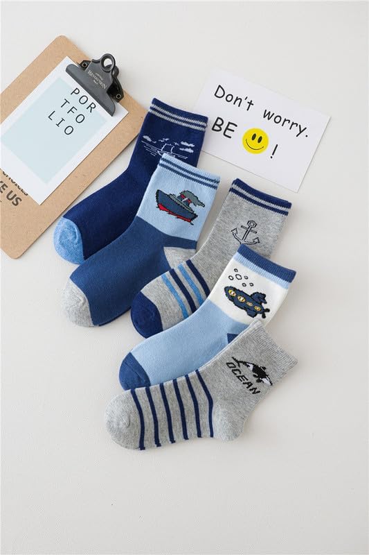 Padgene 10 Pairs Kids Boys Fun Novelty Socks Toddler None Slip Cotton Crew Dress Socks Cartoon Dinosaur Car Shark Stripes