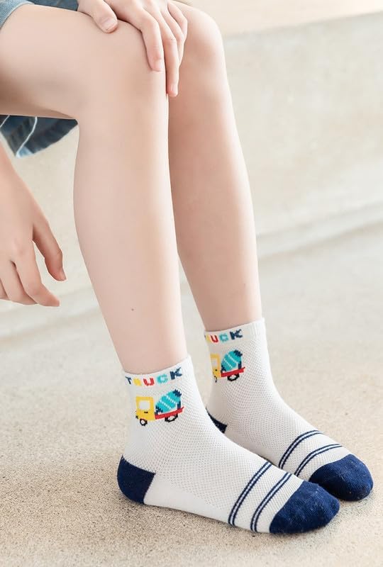 Padgene 10 Pairs Kids Boys Fun Novelty Socks Toddler None Slip Cotton Crew Dress Socks Cartoon Dinosaur Car Shark Stripes