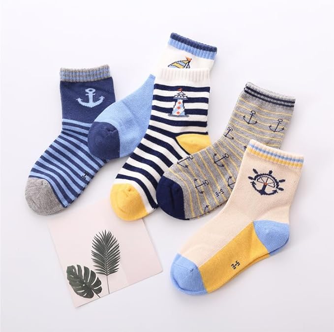 Padgene 10 Pairs Kids Boys Fun Novelty Socks Toddler None Slip Cotton Crew Dress Socks Cartoon Dinosaur Car Shark Stripes