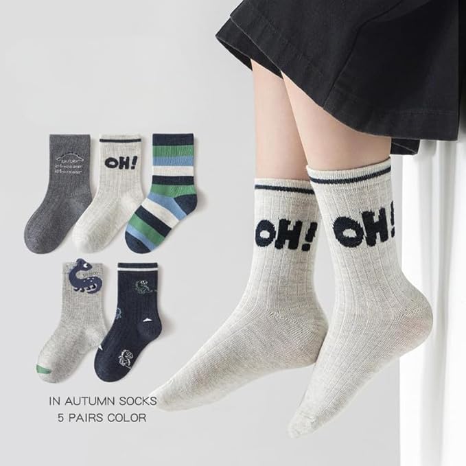 Padgene 10 Pairs Kids Boys Fun Novelty Socks Toddler None Slip Cotton Crew Dress Socks Cartoon Dinosaur Car Shark Stripes