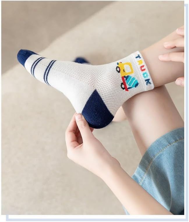 Padgene 10 Pairs Kids Boys Fun Novelty Socks Toddler None Slip Cotton Crew Dress Socks Cartoon Dinosaur Car Shark Stripes