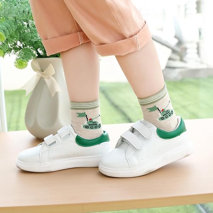 Padgene 10 Pairs Kids Boys Fun Novelty Socks Toddler None Slip Cotton Crew Dress Socks Cartoon Dinosaur Car Shark Stripes