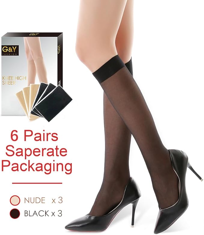 G&Y 6 Pairs Knee High Pantyhose with Reinforced Toe - 20D Nylon Stockings for Women