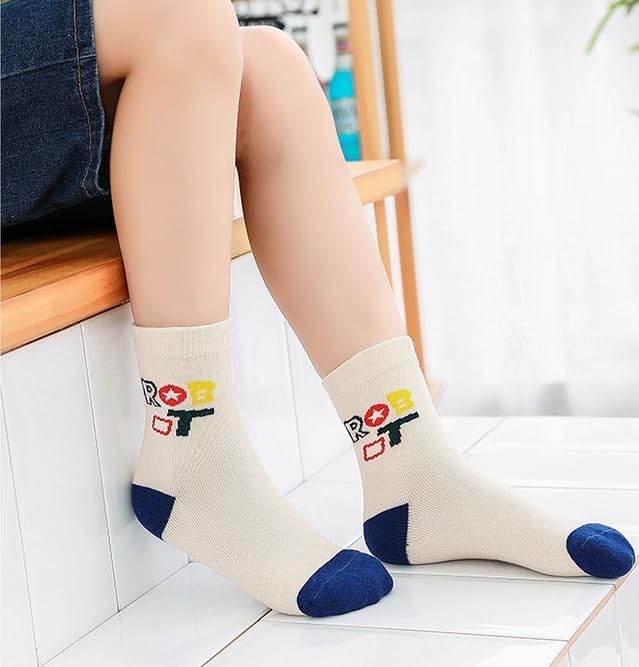 Padgene 10 Pairs Kids Boys Fun Novelty Socks Toddler None Slip Cotton Crew Dress Socks Cartoon Dinosaur Car Shark Stripes