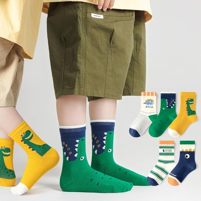 Padgene 10 Pairs Kids Boys Fun Novelty Socks Toddler None Slip Cotton Crew Dress Socks Cartoon Dinosaur Car Shark Stripes