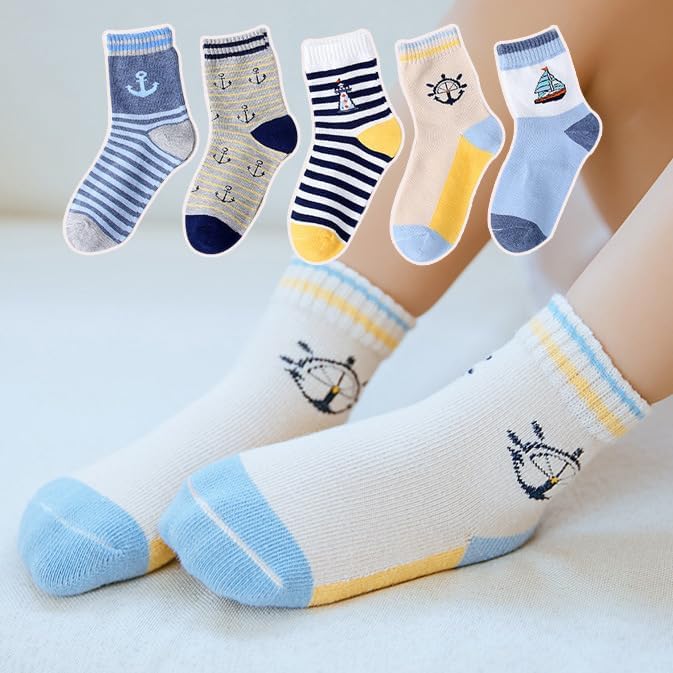 Padgene 10 Pairs Kids Boys Fun Novelty Socks Toddler None Slip Cotton Crew Dress Socks Cartoon Dinosaur Car Shark Stripes