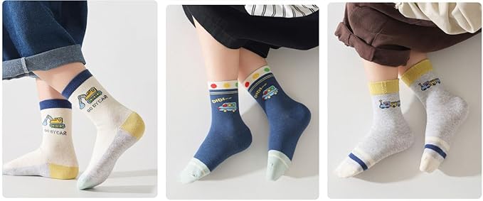 Padgene 10 Pairs Kids Boys Fun Novelty Socks Toddler None Slip Cotton Crew Dress Socks Cartoon Dinosaur Car Shark Stripes