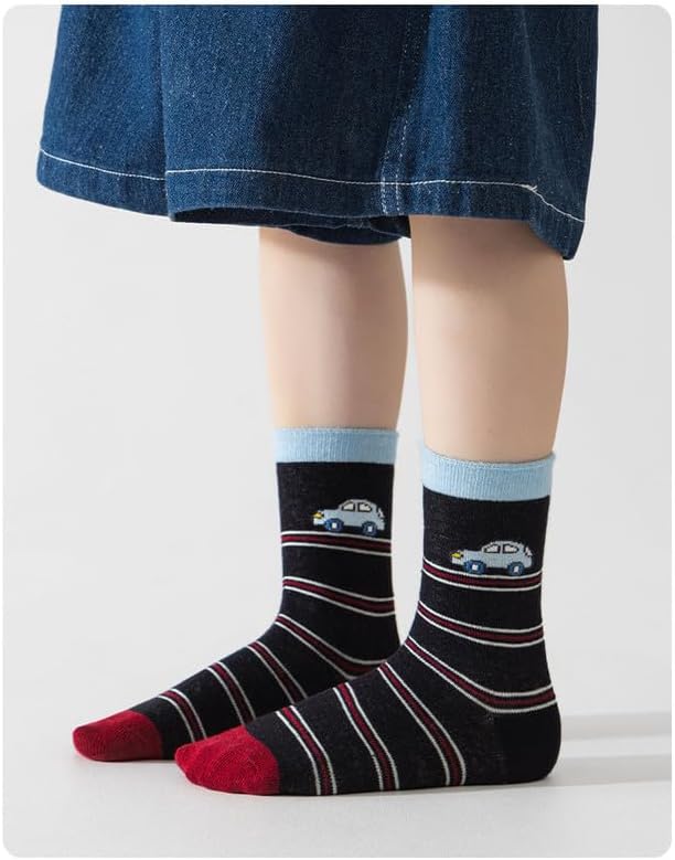 Padgene 10 Pairs Kids Boys Fun Novelty Socks Toddler None Slip Cotton Crew Dress Socks Cartoon Dinosaur Car Shark Stripes