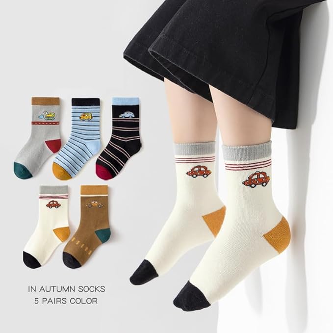 Padgene 10 Pairs Kids Boys Fun Novelty Socks Toddler None Slip Cotton Crew Dress Socks Cartoon Dinosaur Car Shark Stripes