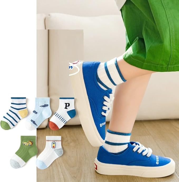 Padgene 10 Pairs Kids Boys Fun Novelty Socks Toddler None Slip Cotton Crew Dress Socks Cartoon Dinosaur Car Shark Stripes