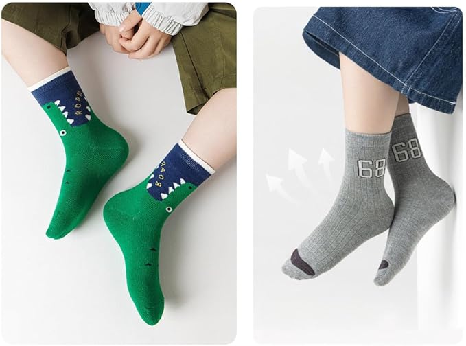 Padgene 10 Pairs Kids Boys Fun Novelty Socks Toddler None Slip Cotton Crew Dress Socks Cartoon Dinosaur Car Shark Stripes