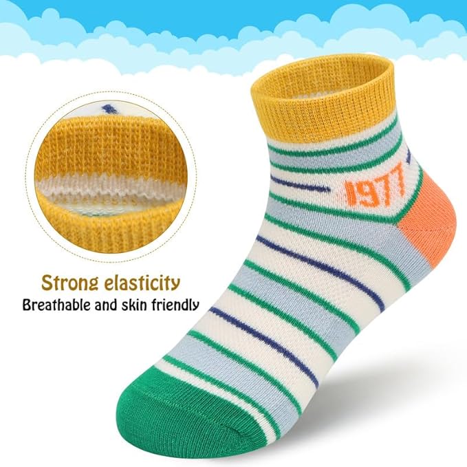 Padgene 10 Pairs Kids Boys Fun Novelty Socks Toddler None Slip Cotton Crew Dress Socks Cartoon Dinosaur Car Shark Stripes