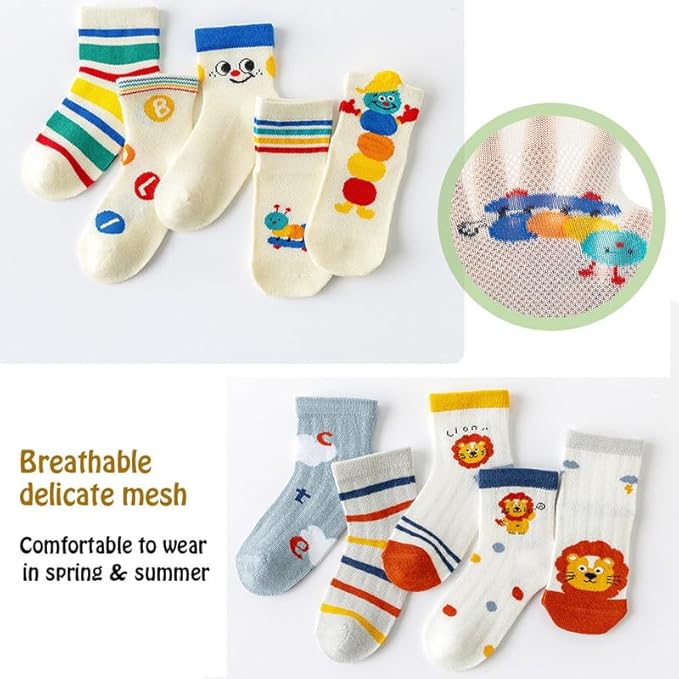 Padgene 10 Pairs Kids Boys Fun Novelty Socks Toddler None Slip Cotton Crew Dress Socks Cartoon Dinosaur Car Shark Stripes