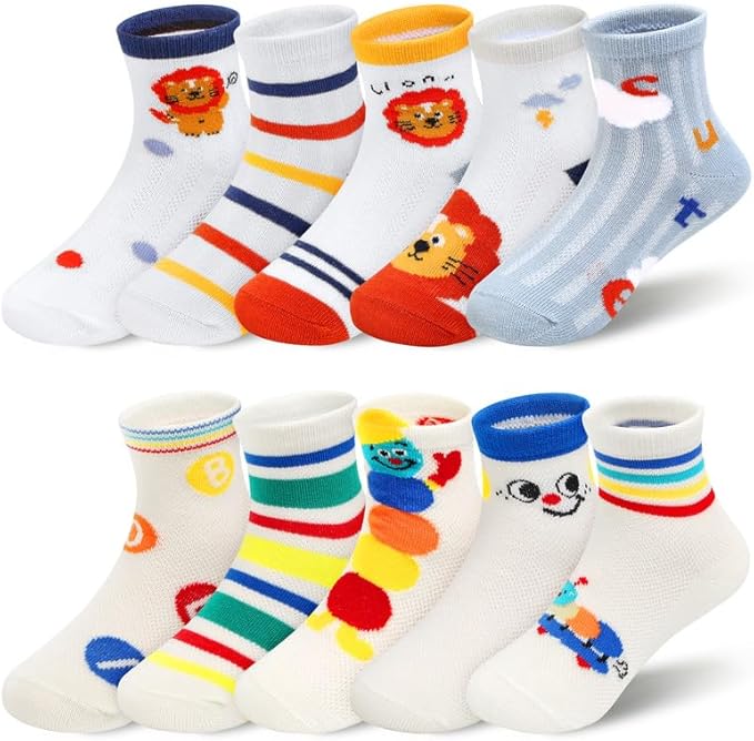 Padgene 10 Pairs Kids Boys Fun Novelty Socks Toddler None Slip Cotton Crew Dress Socks Cartoon Dinosaur Car Shark Stripes