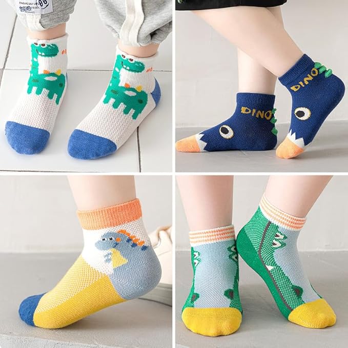 Padgene 10 Pairs Kids Boys Fun Novelty Socks Toddler None Slip Cotton Crew Dress Socks Cartoon Dinosaur Car Shark Stripes