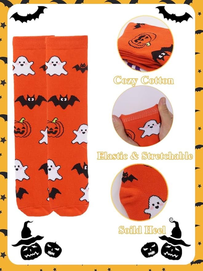 Halloween Socks for Girls Boys Toddlers, Orange Purple Knee High Halloween Socks with Cute Pumpkin/Bat/Ghost