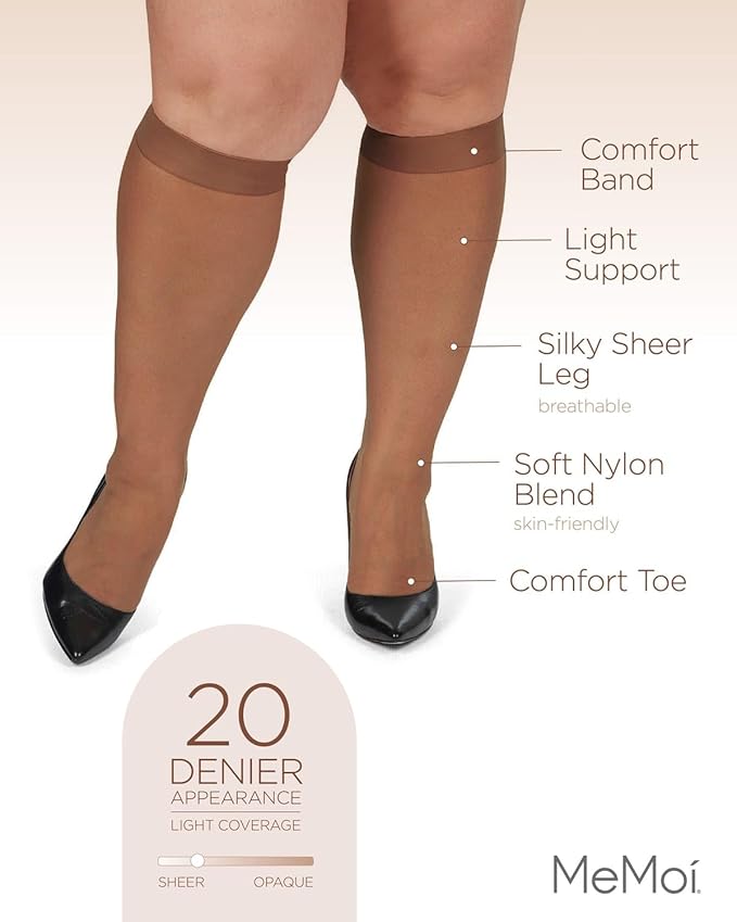 MeMoi 2 Pack Energizing Curvy Knee Highs for Women, Breathable Sheer Knee High Socks - Sizes 1X-4X