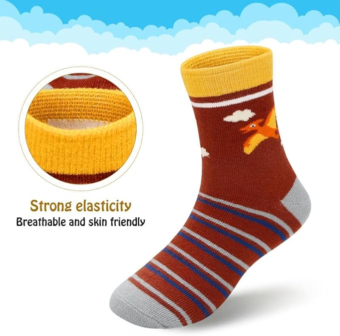 Padgene 10 Pairs Kids Boys Fun Novelty Socks Toddler None Slip Cotton Crew Dress Socks Cartoon Dinosaur Car Shark Stripes