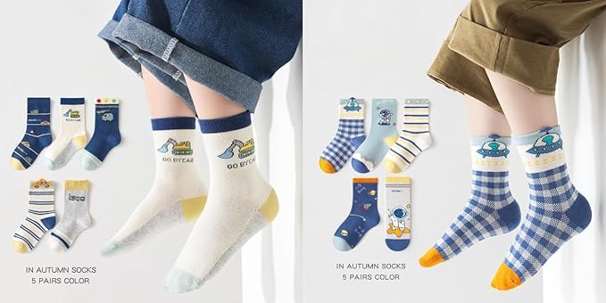 Padgene 10 Pairs Kids Boys Fun Novelty Socks Toddler None Slip Cotton Crew Dress Socks Cartoon Dinosaur Car Shark Stripes