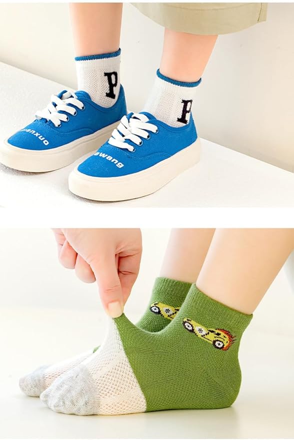Padgene 10 Pairs Kids Boys Fun Novelty Socks Toddler None Slip Cotton Crew Dress Socks Cartoon Dinosaur Car Shark Stripes
