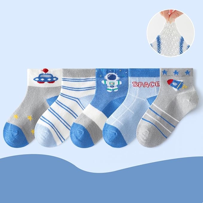 Padgene 10 Pairs Kids Boys Fun Novelty Socks Toddler None Slip Cotton Crew Dress Socks Cartoon Dinosaur Car Shark Stripes