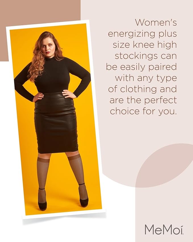 MeMoi 2 Pack Energizing Curvy Knee Highs for Women, Breathable Sheer Knee High Socks - Sizes 1X-4X
