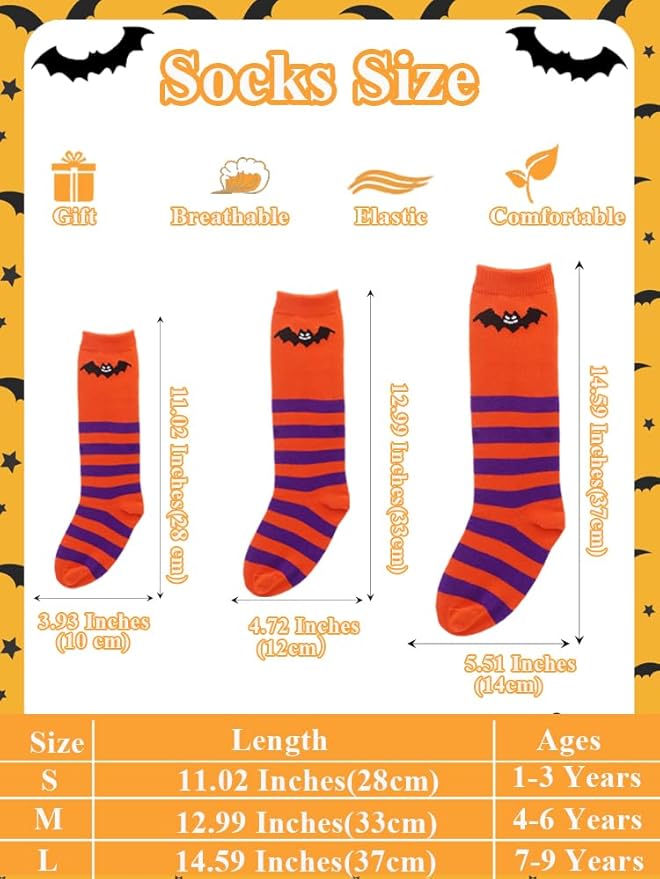 Halloween Socks for Girls Boys Toddlers, Orange Purple Knee High Halloween Socks with Cute Pumpkin/Bat/Ghost